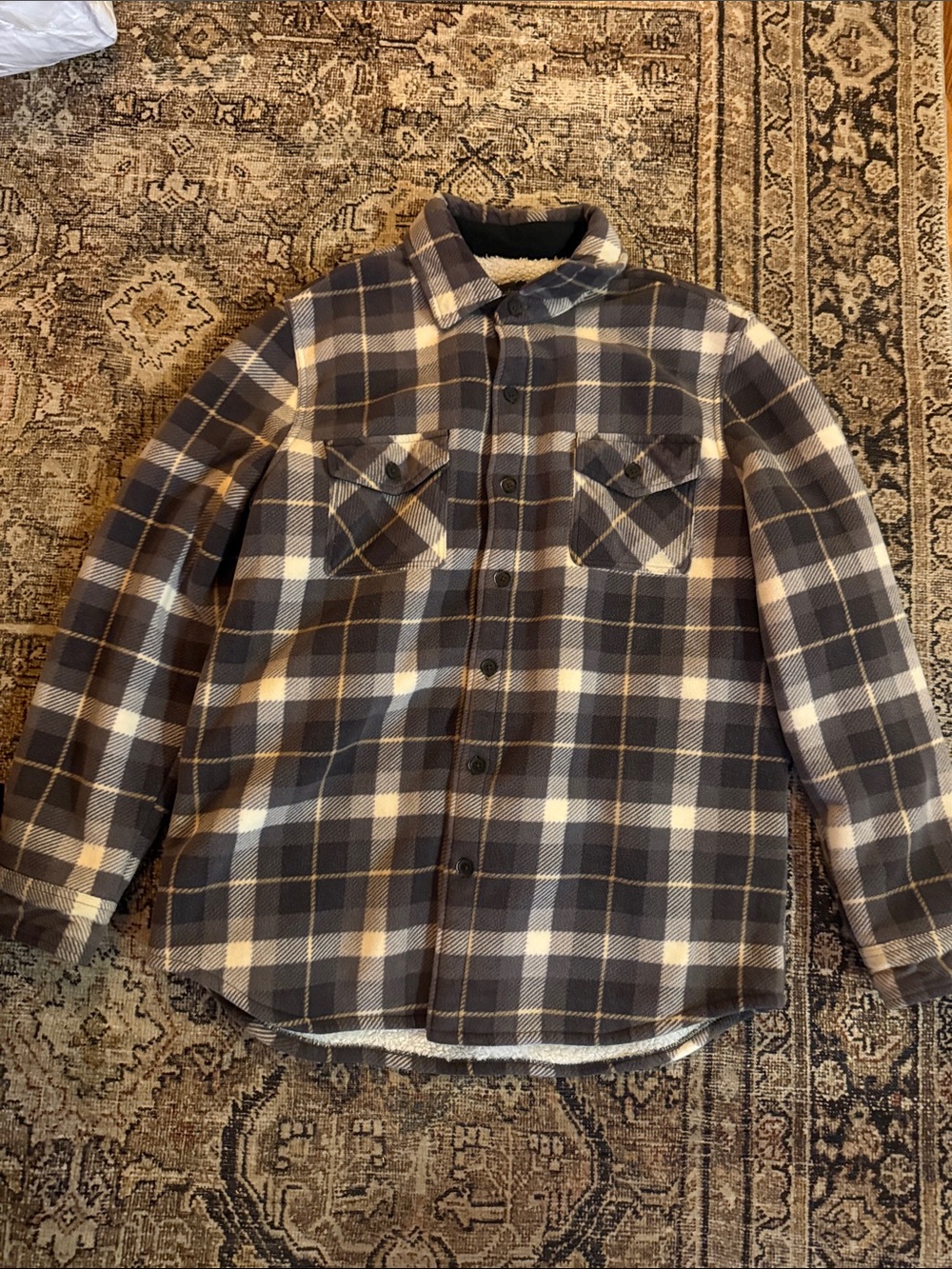 Dry Goods Freedom Foundry Cream Sherpa-Lined Shirt Jacket with Black Plaid Trim